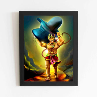  Lord Hanuman with Shivling on Shoulers- Framed Poster